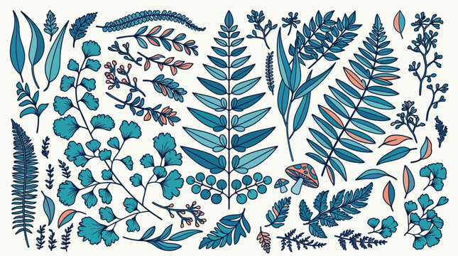 Conjunto de ilustra&ccedil;&otilde;es bot&acirc;nicas desenhadas &agrave; m&atilde;o com v&aacute;rias folhas, samambaias, ramos e cogumelos em tons de azul e detalhes em coral sobre um fundo branco limpo.