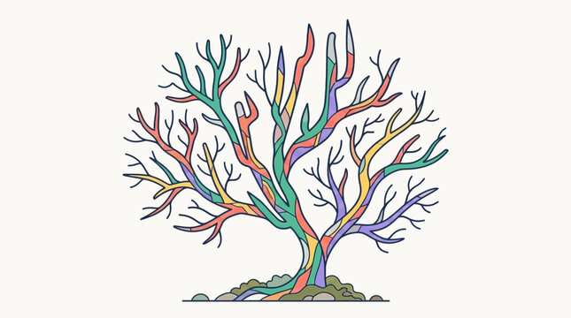 Ilustra&ccedil;&atilde;o de uma &aacute;rvore com galhos coloridos em tons vibrantes de arco-&iacute;ris, simbolizando diversidade e crescimento em um fundo claro.