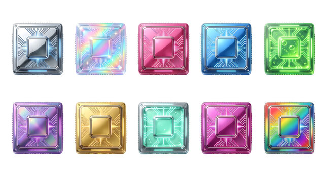 Set of futuristic computer processor chips with various metallic and holographic textures isolated on transparent background