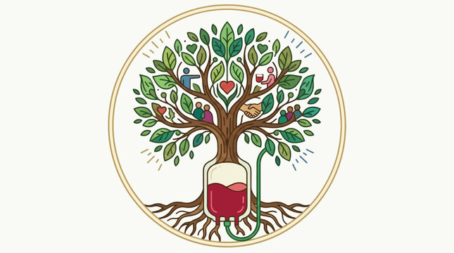 Ilustra&ccedil;&atilde;o vetorial de uma &aacute;rvore da vida com ra&iacute;zes conectadas a uma bolsa de sangue, simbolizando a doa&ccedil;&atilde;o de sangue, solidariedade, sa&uacute;de e a conex&atilde;o vital entre as pessoas.