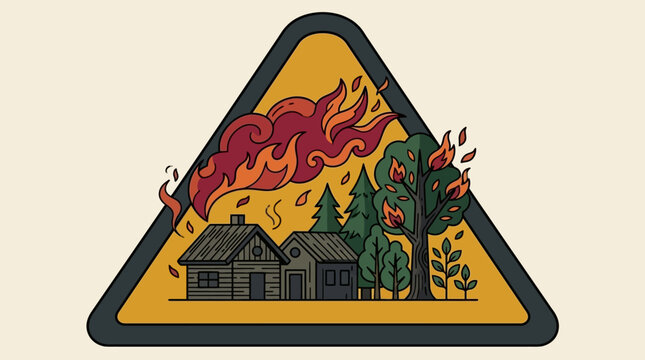Ilustra&ccedil;&atilde;o vetorial de um sinal de alerta triangular exibindo uma casa r&uacute;stica e &aacute;rvores sendo consumidas por um inc&ecirc;ndio florestal, representando perigo ambiental e desastre natural.