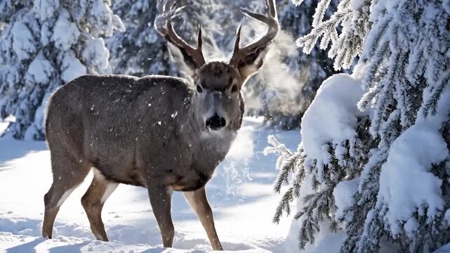 A majestic mule deer buck walks through a snowy forest