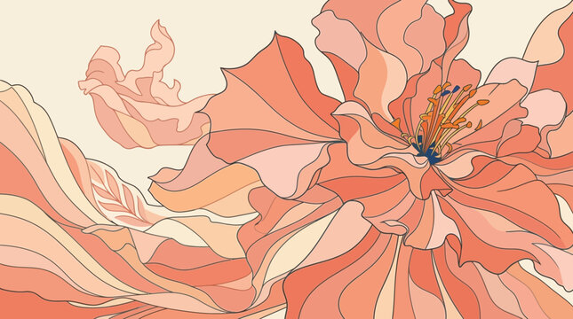 Ilustra&ccedil;&atilde;o bot&acirc;nica elegante com flores abstratas em tons de p&ecirc;ssego e coral, apresentando linhas fluidas e design org&acirc;nico suave para um fundo decorativo sofisticado e moderno.