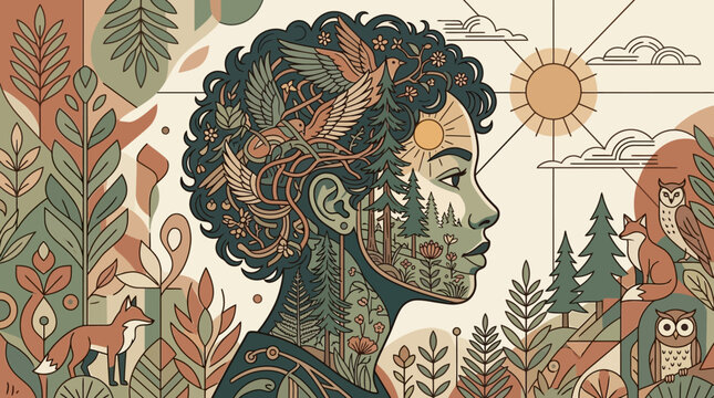 Illustration artistique d'une femme dont le profil int&egrave;gre une for&ecirc;t luxuriante avec des oiseaux, des renards et des hiboux dans un style graphique.