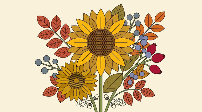 Ilustra&ccedil;&atilde;o vetorial de um buqu&ecirc; de outono com girass&oacute;is, folhas coloridas, bagas e bolotas em um estilo gr&aacute;fico plano e elegante, perfeito para designs sazonais.