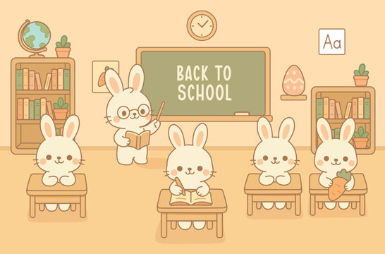 Back to School Kawaii Bunny Classroom Illustration with Cute Rabbit Teacher and Students