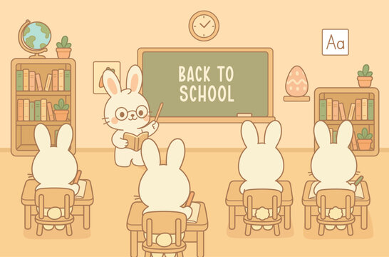 Back to School Kawaii Bunny Classroom Illustration with Rabbit Students Viewed from Behind