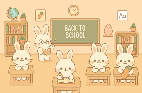 Back to School Cute Bunny Classroom Illustration with Kawaii Rabbit Teacher and Students