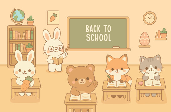 Cute Kawaii Animal Classroom Illustration with Bunny Teacher and Students Studying at School