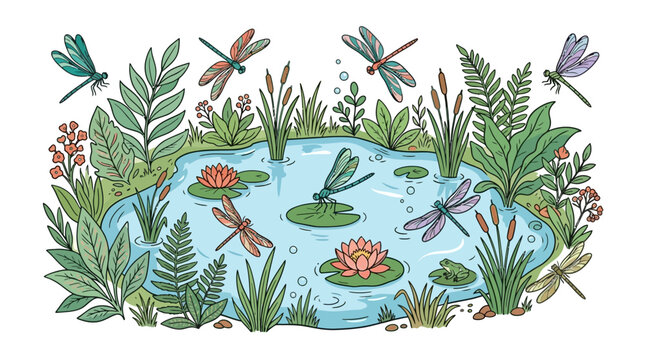 Illustration color&eacute;e d'un &eacute;tang paisible avec des n&eacute;nuphars et de nombreuses libellules virevoltant au milieu d'une v&eacute;g&eacute;tation luxuriante.