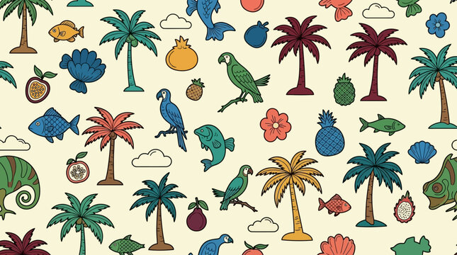 Motif sans couture de style tropical avec des palmiers, des perroquets color&eacute;s, des poissons exotiques et des fruits sur un fond beige clair.