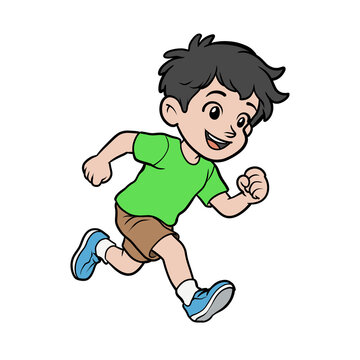 Happy little boy jogging in green shirt and blue shoes cartoon character