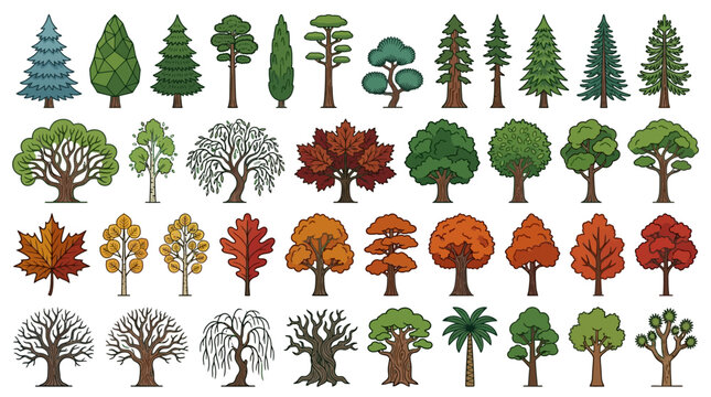 Grande cole&ccedil;&atilde;o de &aacute;rvores vetorizadas de diferentes tipos e esta&ccedil;&otilde;es, incluindo con&iacute;feras, folhosas e outonais, em estilo cartoon para design gr&aacute;fico.