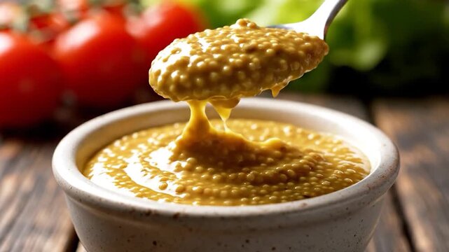 A metal spoon dips into a bowl of grainy mustard sauce