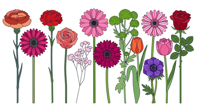 Ilustra&ccedil;&atilde;o vetorial de uma cole&ccedil;&atilde;o vibrante de flores diversas, incluindo cravos, g&eacute;rberas e rosas, dispostas em linha com caules verdes em um fundo branco isolado.