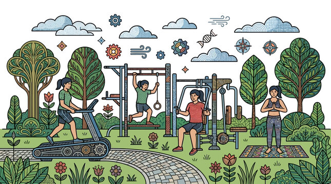 Pessoas diversas se exercitando em um parque com equipamentos de gin&aacute;stica ao ar livre, praticando corrida, muscula&ccedil;&atilde;o e yoga, promovendo sa&uacute;de e bem-estar.