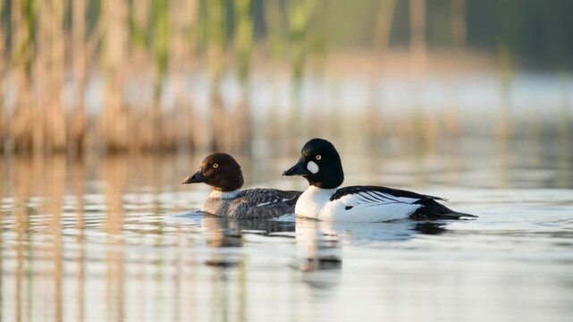 two common goldeneye ducks on lake superior usa morning light close up video