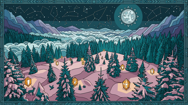 Ilustra&ccedil;&atilde;o vetorial noturna de uma paisagem invernal m&aacute;gica com montanhas nevadas, floresta de pinheiros, c&eacute;u estrelado, lua cheia m&iacute;stica e s&iacute;mbolos r&uacute;nicos dourados brilhantes.