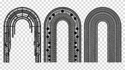 Fototapeta premium Três arcos decorativos em preto e branco com detalhes intrincados, ideais para design gráfico e elementos arquitetônicos.