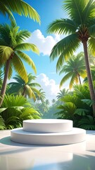 Fototapeta premium Tropical scene with a round white stage. Lush, vibrant green palms under sunny skies