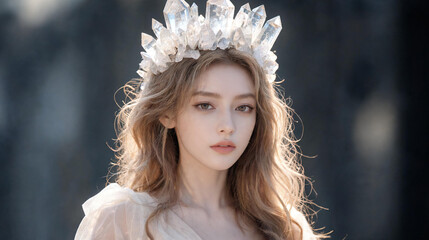 Obraz premium Elegant young woman with flowing light hair wearing a majestic raw crystal quartz crown against a soft blurred background for fantasy editorial fashion photography.