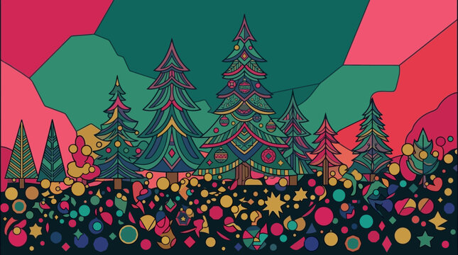 Ilustra&ccedil;&atilde;o vetorial colorida de floresta festiva com &aacute;rvores de Natal estilizadas e elementos decorativos abstratos, perfeita para designs de feriados e inverno.