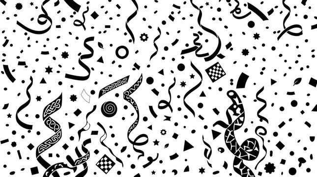 Ilustra&ccedil;&atilde;o monocrom&aacute;tica de confetes e serpentinas caindo, ideal para fundos festivos e designs de celebra&ccedil;&atilde;o.