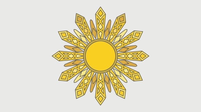 Emblema dourado de sol estilizado com raios geom&eacute;tricos detalhados, representando luz, energia e cultura filipina, isolado em fundo cinza claro.