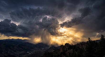 Fototapeta premium Epic Storm Clouds with Heavy Rain Above Mountain Valley at Sunset