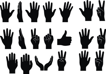 Fototapeta premium Hand Gesture Silhouette Collection Featuring Open Palm Thumbs Up Victory and Communication Signs