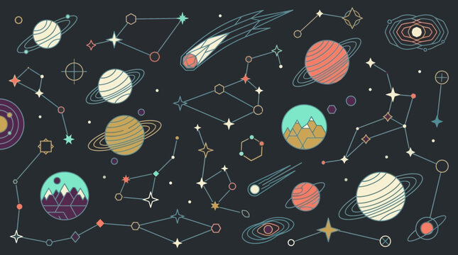 Illustration vectorielle plate de l'espace avec diverses plan&egrave;tes color&eacute;es, constellations d'&eacute;toiles et com&egrave;tes sur un fond sombre.