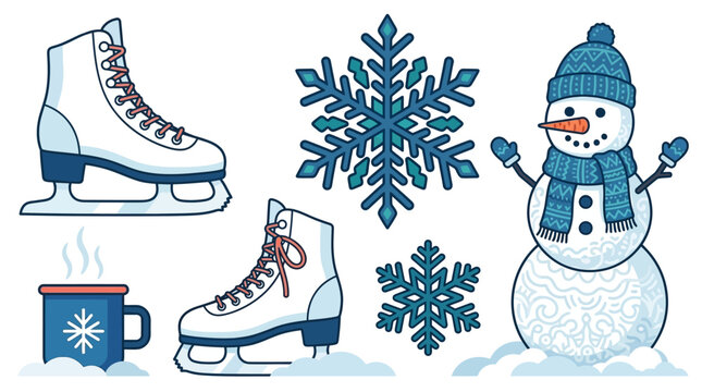 Collection d'ic&ocirc;nes d'hiver avec patins &agrave; glace, bonhomme de neige, flocons stylis&eacute;s et tasse de boisson chaude pour vos projets cr&eacute;atifs saisonniers.