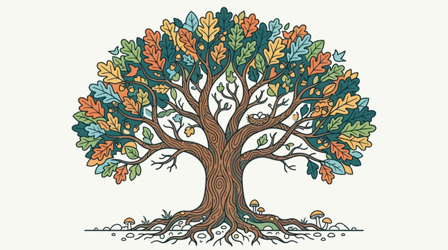 Ilustra&ccedil;&atilde;o detalhada de um carvalho robusto com folhagem colorida e ra&iacute;zes expostas, simbolizando a for&ccedil;a da natureza e o ciclo da vida.