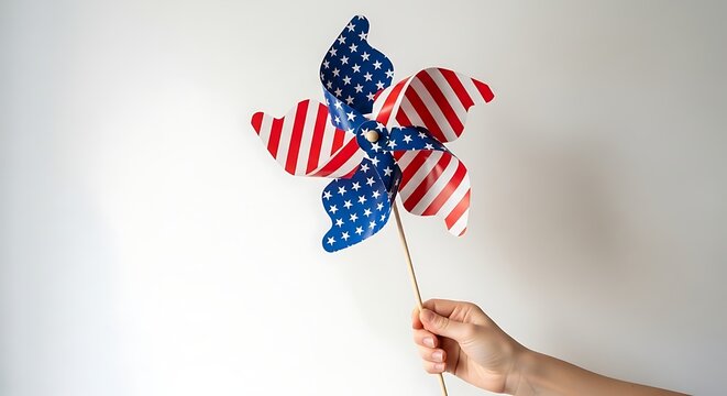 Patriotic Pinwheel Held by Hand for  American Independence Day Celebration on White Background