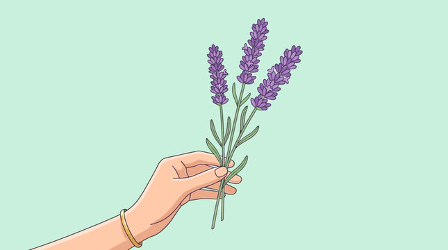 Illustration d'une main tenant d&eacute;licatement trois brins de lavande violette sur un fond vert pastel apaisant, &eacute;voquant la nature et le bien-&ecirc;tre.