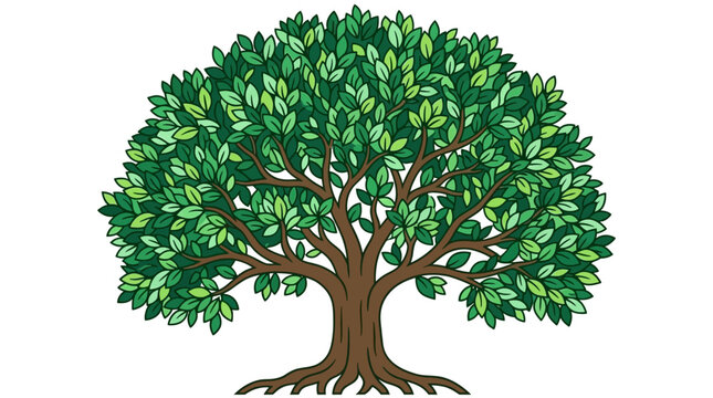 Uma ilustra&ccedil;&atilde;o estilizada de uma &aacute;rvore verde vibrante com tronco marrom robusto e ra&iacute;zes vis&iacute;veis, isolada em fundo branco limpo, perfeita para designs com tema de natureza.