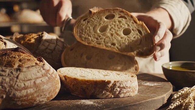 A baker slices fresh sourdough bread with a serrated knife