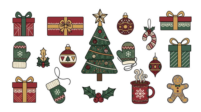 Cole&ccedil;&atilde;o de ilustra&ccedil;&otilde;es vetoriais de Natal com &aacute;rvore, presentes, luvas, enfeites e biscoito de gengibre, perfeita para designs festivos.