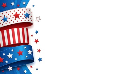 Obraz premium Patriotic Ribbons with Stars and Stripes for American Independence Day Celebration White Background Banner