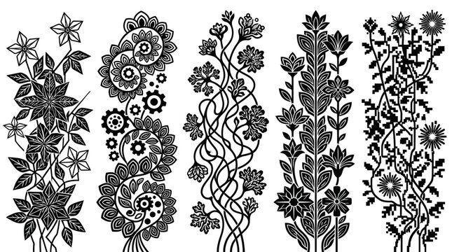 Conjunto de cinco elementos decorativos florais e bot&acirc;nicos em silhueta preta, com padr&otilde;es intrincados e estilo ornamental, perfeitos para design.