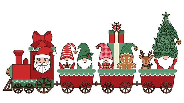 Illustration festive d'un train de No&euml;l avec le P&egrave;re No&euml;l, des gnomes, un renne et un sapin d&eacute;cor&eacute; sur fond blanc pour les c&eacute;l&eacute;brations.