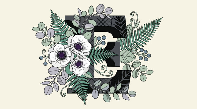 Ilustra&ccedil;&atilde;o vetorial elegante da letra 'E' mai&uacute;scula, adornada com delicadas flores brancas de an&ecirc;mona, folhas de samambaia e eucalipto, sobre um fundo creme claro, ideal para design e monogramas.