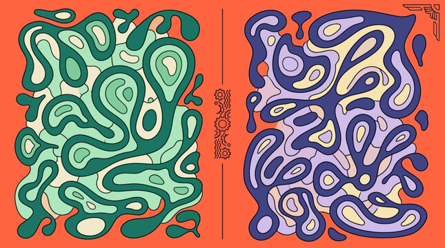 Illustration abstraite avec des motifs fluides et psych&eacute;d&eacute;liques de style r&eacute;tro des ann&eacute;es 70 sur un fond orange vif et color&eacute;.