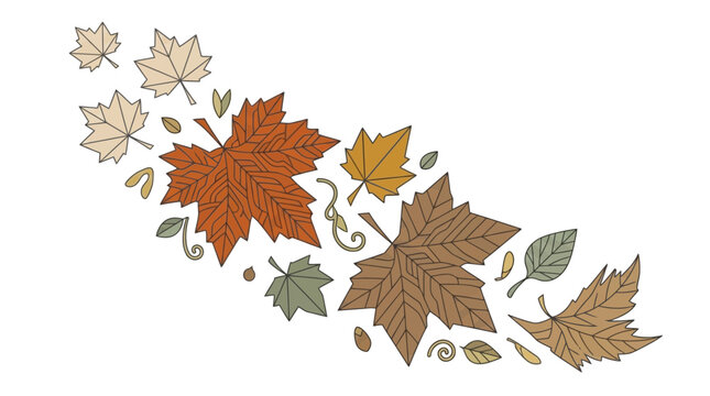 Ilustra&ccedil;&atilde;o vetorial de folhas de outono em tons terrosos e sementes voando, ideal para designs sazonais e elementos decorativos.