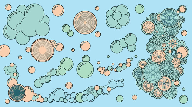 Uma ilustra&ccedil;&atilde;o vetorial vibrante com bolhas e formas org&acirc;nicas em tons pastel de verde menta e p&ecirc;ssego, flutuando sobre um fundo azul claro, criando um padr&atilde;o abstrato e moderno.
