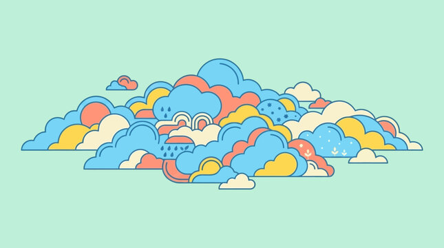 Ilustra&ccedil;&atilde;o vetorial de nuvens coloridas e estilizadas com sol, chuva e estrelas em um c&eacute;u pastel, perfeita para designs infantis e fundos criativos.