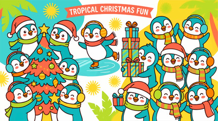 Fototapeta premium Cute Penguin Characters Celebrate Tropical Christmas with Decorated Tree, Gifts, and Ice Skating in Flat Vector Design, Fun Holiday Illustration