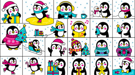 Fototapeta premium Cute Penguin Characters Celebrating Winter Holidays, Flat Vector Illustration Set of Festive Activities like Christmas, Ice Skating and Gift Giving, Snowing Background