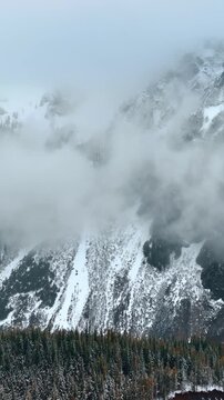 Enormous mountain coated with fog in the Mount Rainer National park, Washington State, the USA. Drone footage above the snowy pine-trees covering the area. Vertical video