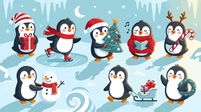 Cute Cartoon Penguins Celebrating Christmas, Ice Skating, Singing Carols, Building Snowman, with Gifts and Tree, Flat Illustration Style